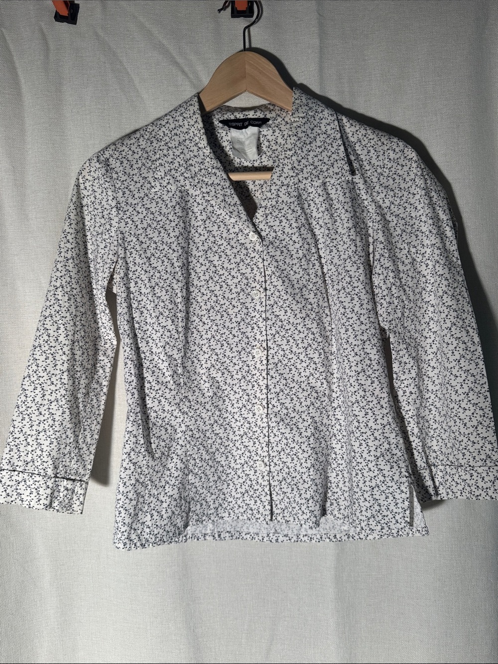 VINTAGE Esprit White Blouse with Black Micro Floral Print